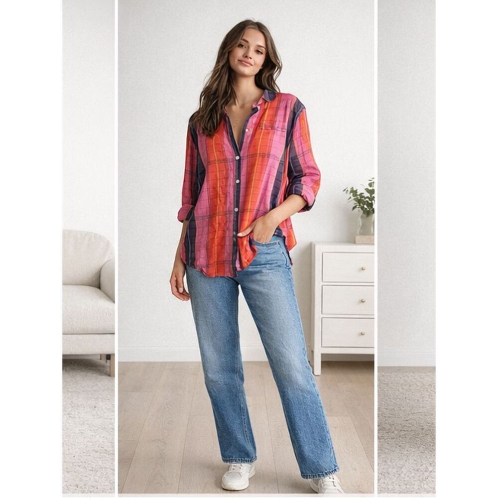 Kerri Rosenthal Mia Ruffle Shirt XL PINK Cabin Pink Plaid flannel academia day